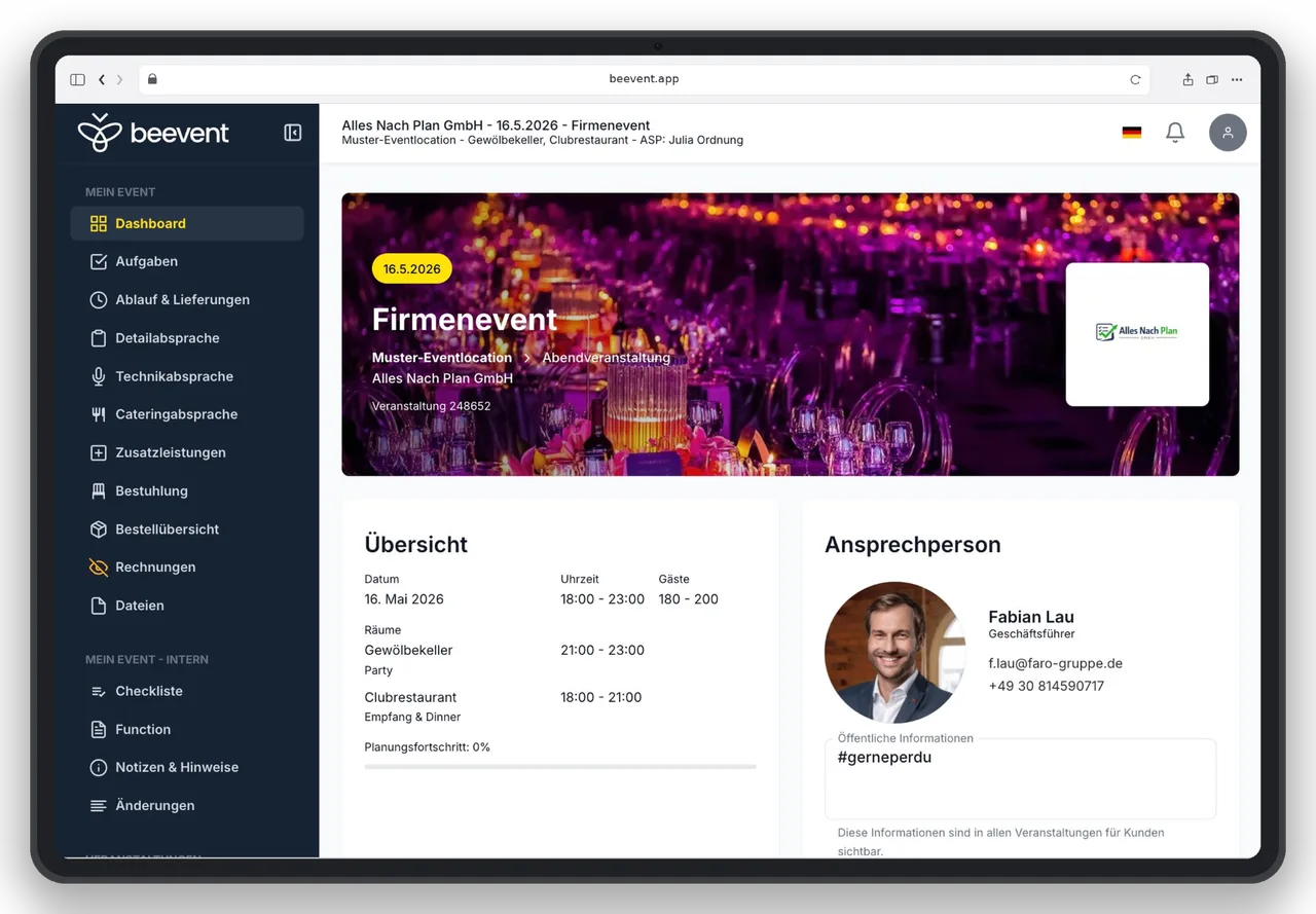 beevent Web-App Screenshot – digitaler Eventraum im Browser