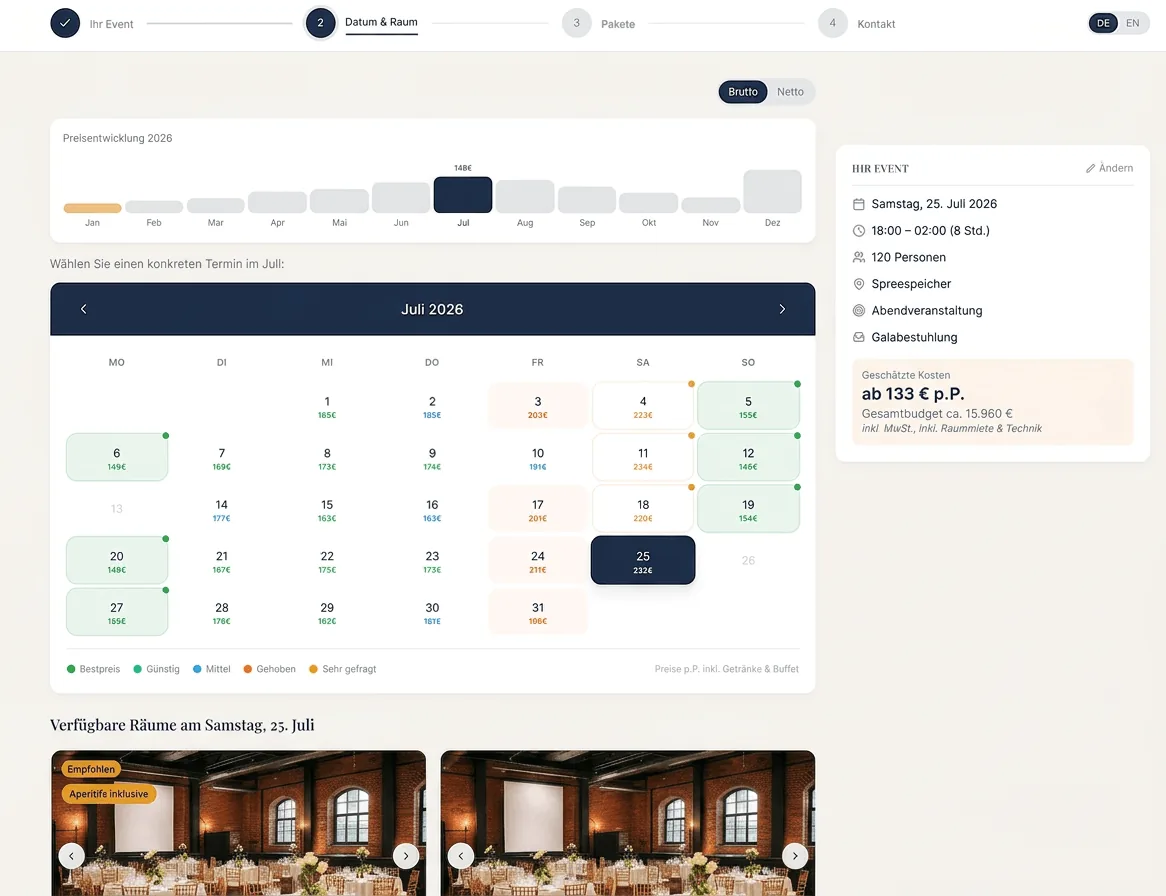 beevent Angebotsgenerator – Yield Management Kalenderansicht mit dynamischen Preisen
