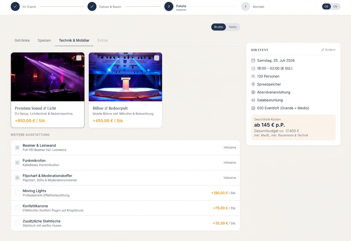 beevent Angebotsgenerator – Pakete und Technikauswahl mit Preisen